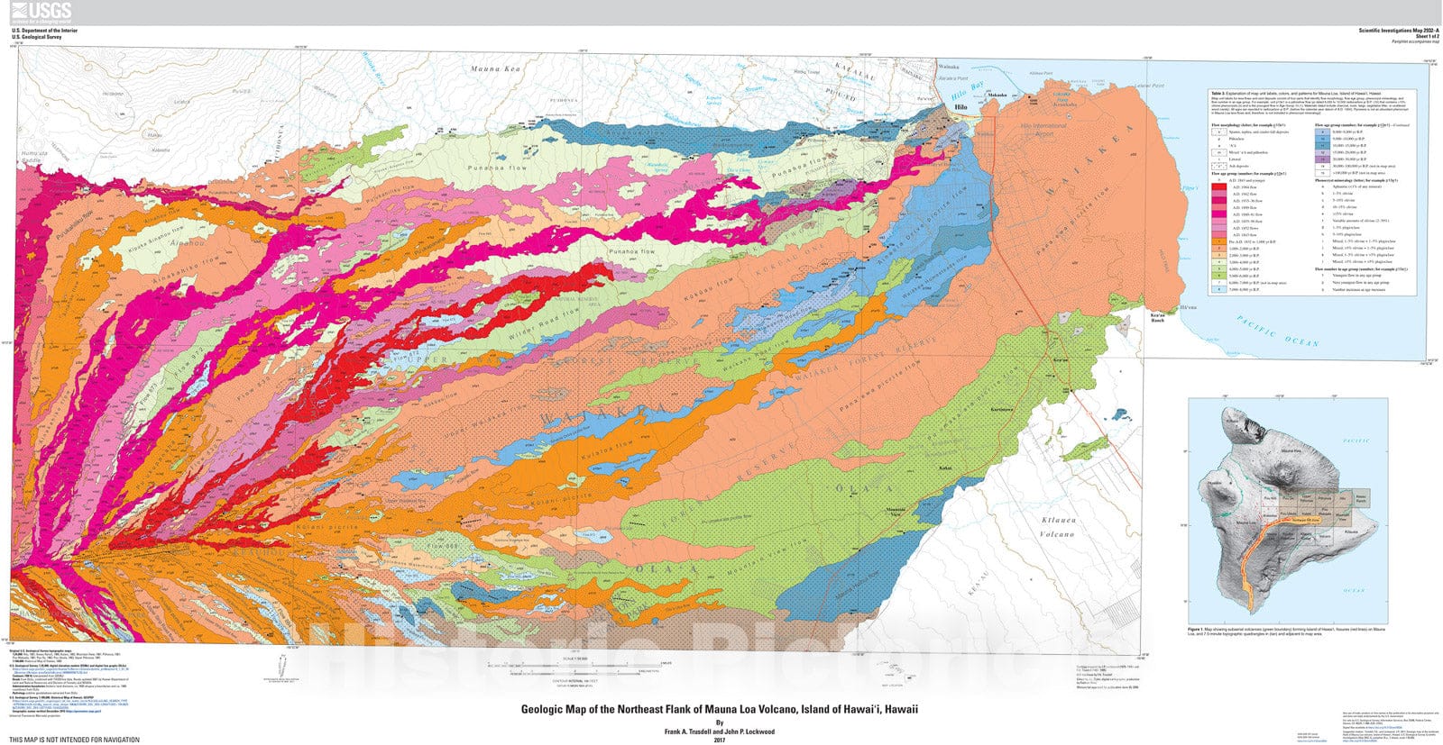 Map : Geologic map of the northeast flank of Mauna Loa volcano, Island of Hawai'i, Hawaii, 2017 Cartography Wall Art :