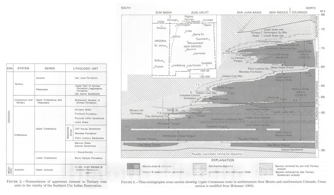 Map : Geologic framework of Cretaceous and Tertiary rocks in the Southern Ute Indian Reservation and adjacent area, 1991 Cartography Wall Art :