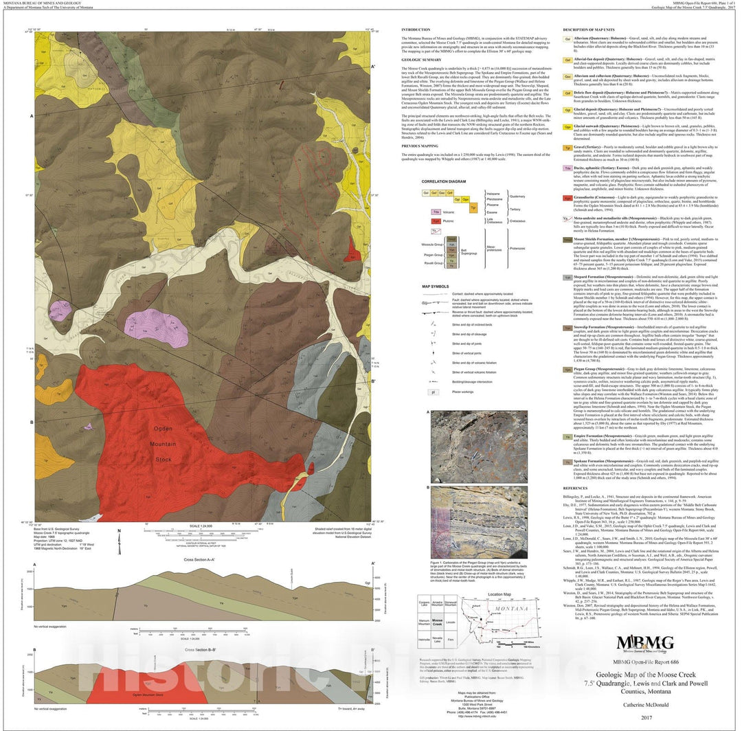 Map : Geologic map of the Moose Creek 7.5' quadrangle, Lewis and Clark and Powell counties, Montana, 2017 Cartography Wall Art :