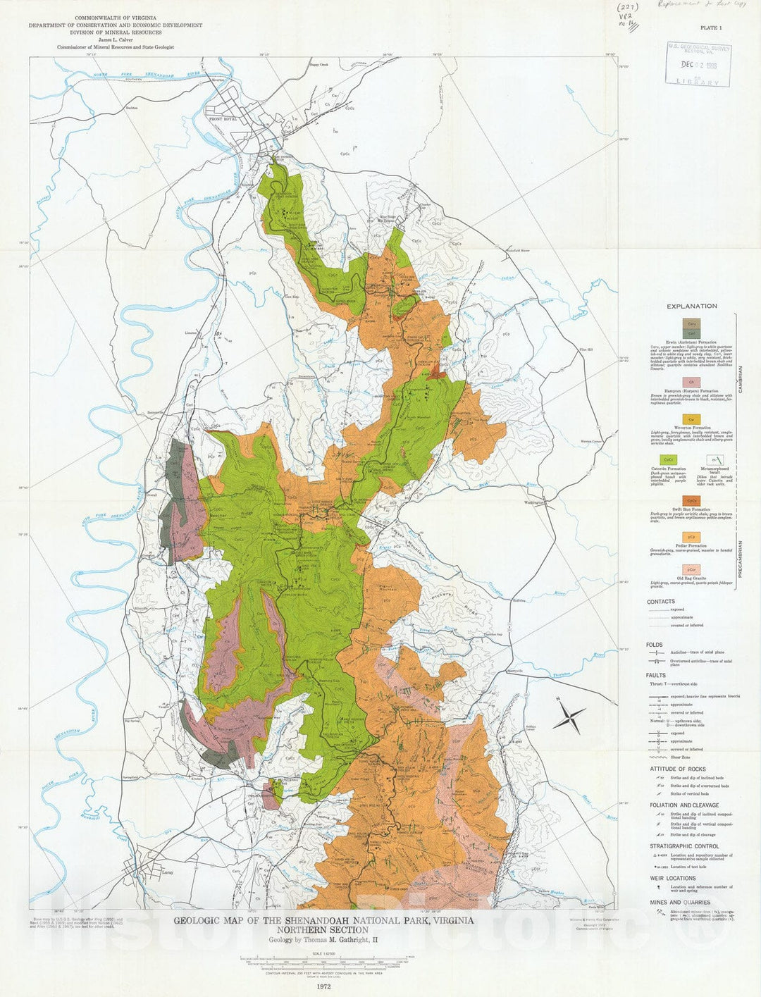 Map : Geology of the Shenandoah National Park, Virginia, 1976 Cartography Wall Art :