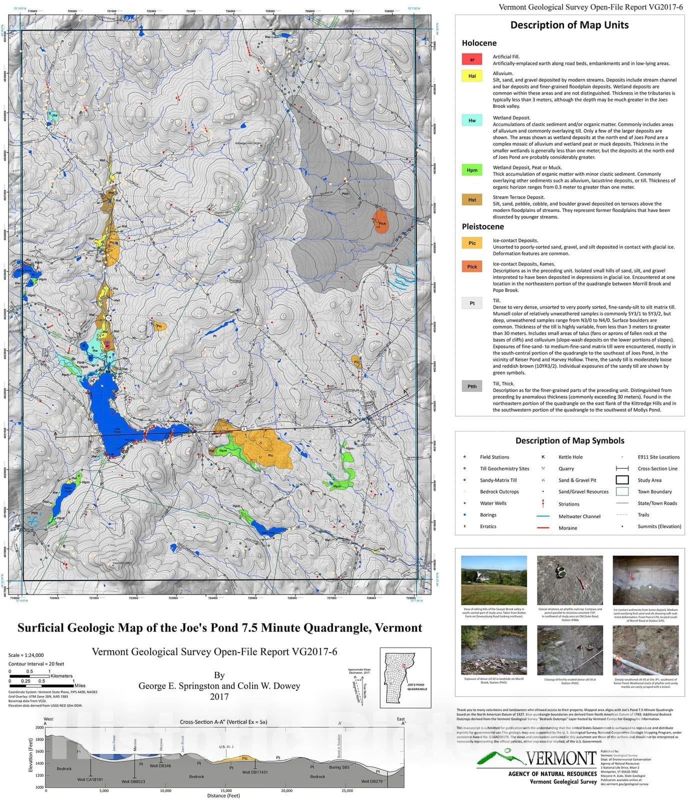 Map : Surficial Geologic Map of the Joes Pond Quadrangle, Vermont, 2017 Cartography Wall Art :