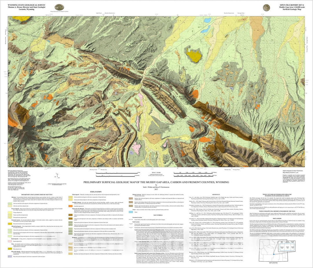 Map : Preliminary surficial geologic map of the Muddy Gap Area, Carbon and Fremont counties, Wyoming, 2017 Cartography Wall Art :