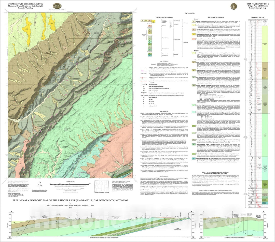 Map : Preliminary geologic map of the Bridger Pass quadrangle, Carbon County, Wyoming, 2017 Cartography Wall Art :