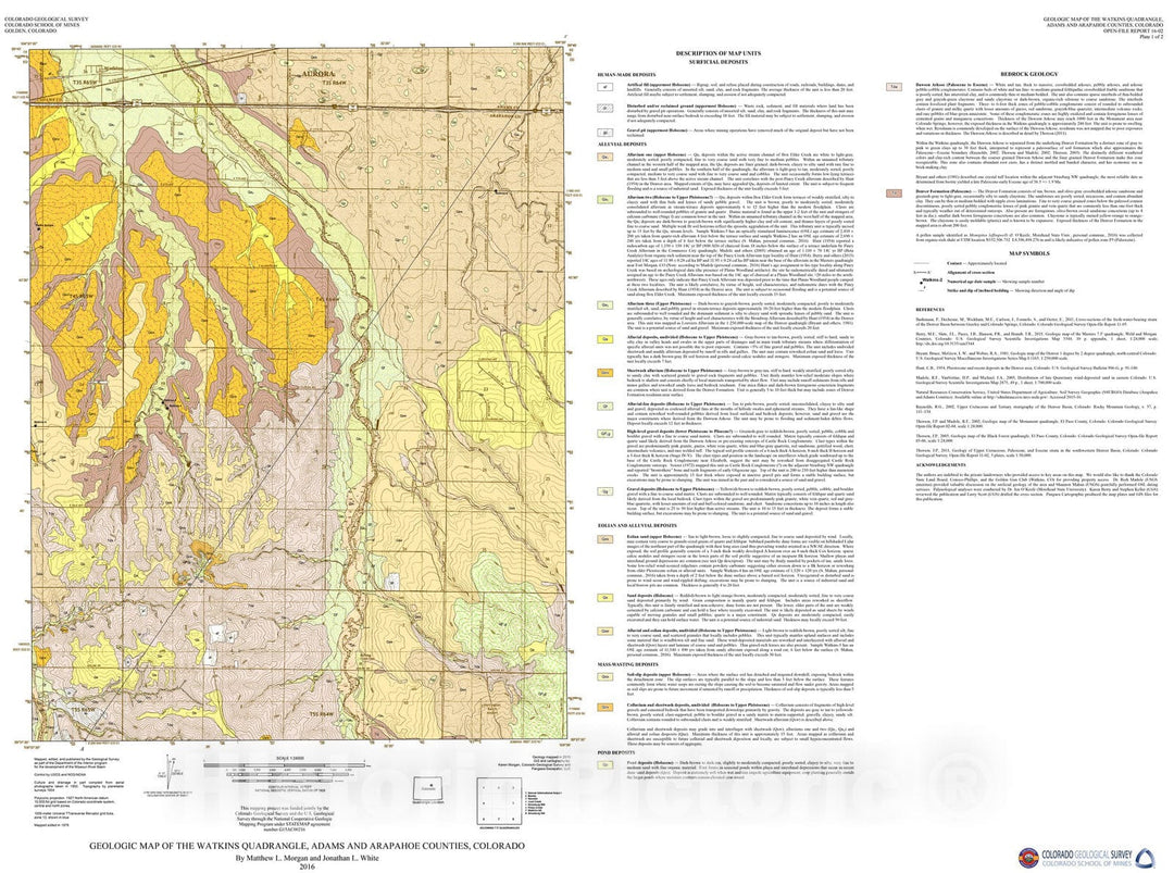 Map : Geologic Map of the Watkins Quadrangle, Arapahoe and Adams Counties, Colorado, 2016 Cartography Wall Art :