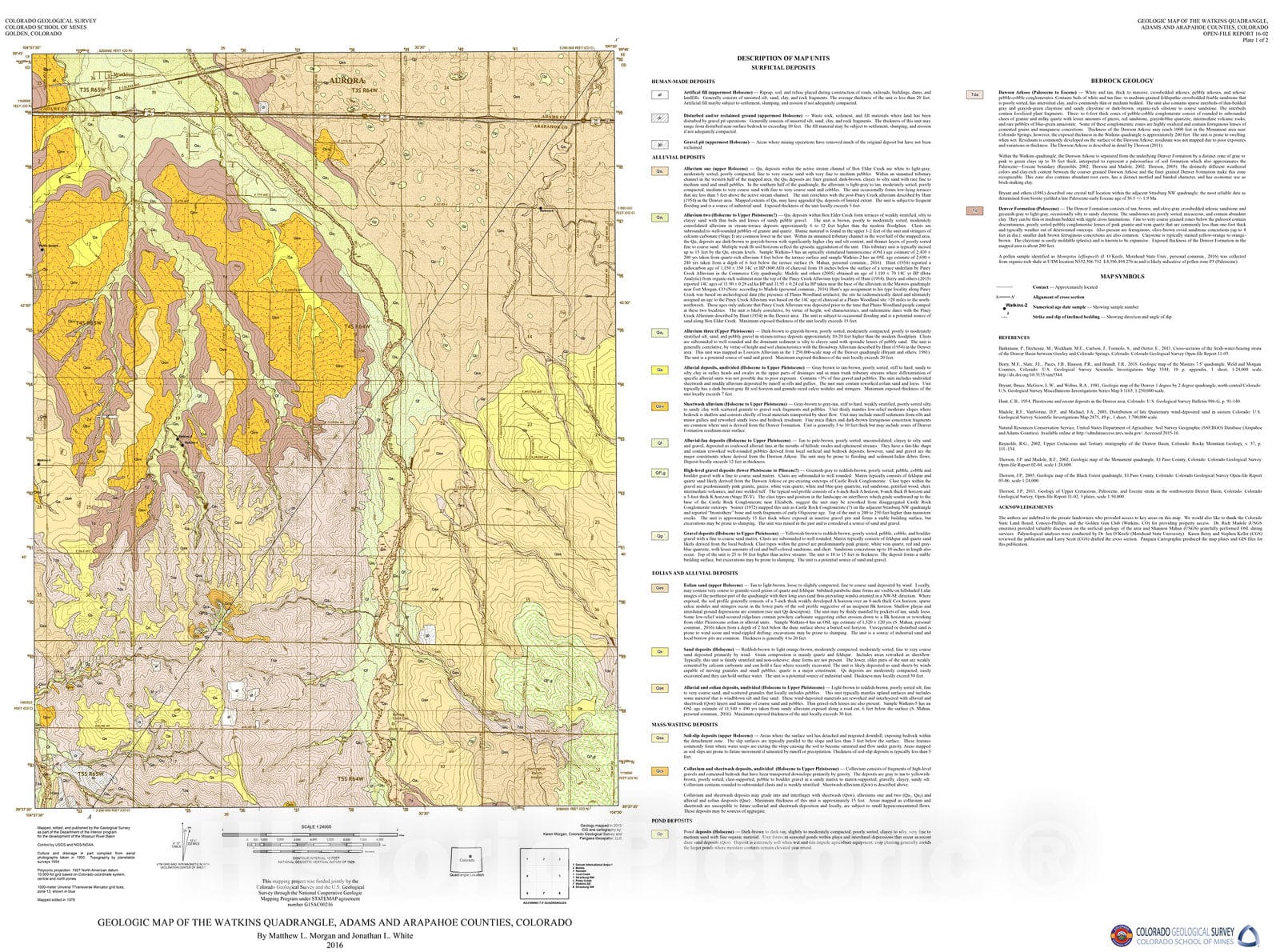 Map : Geologic Map of the Watkins Quadrangle, Arapahoe and Adams Counties, Colorado, 2016 Cartography Wall Art :