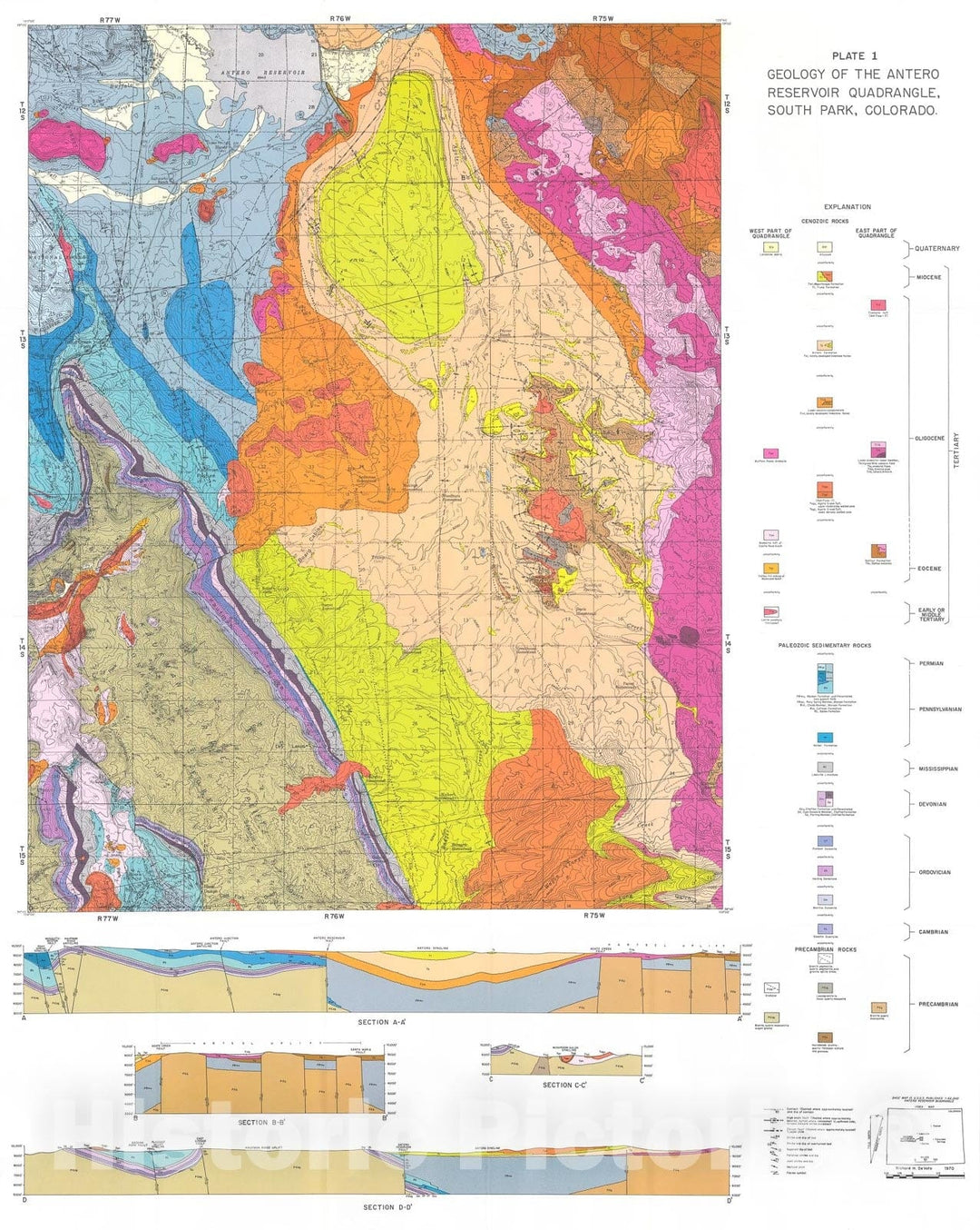 Map : Geologic history of South Park and geology of the Antero Reservoir quadrangle, Colorado, 1971 Cartography Wall Art :