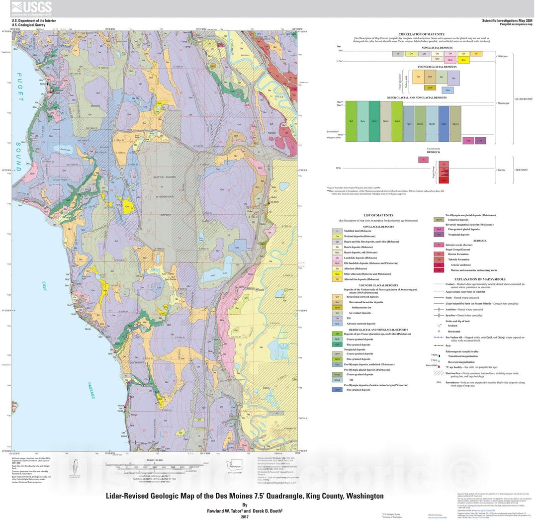 Map : Lidar-revised geologic map of the Des Moines 7.5' quadrangle, King County, Washington, 2017 Cartography Wall Art :