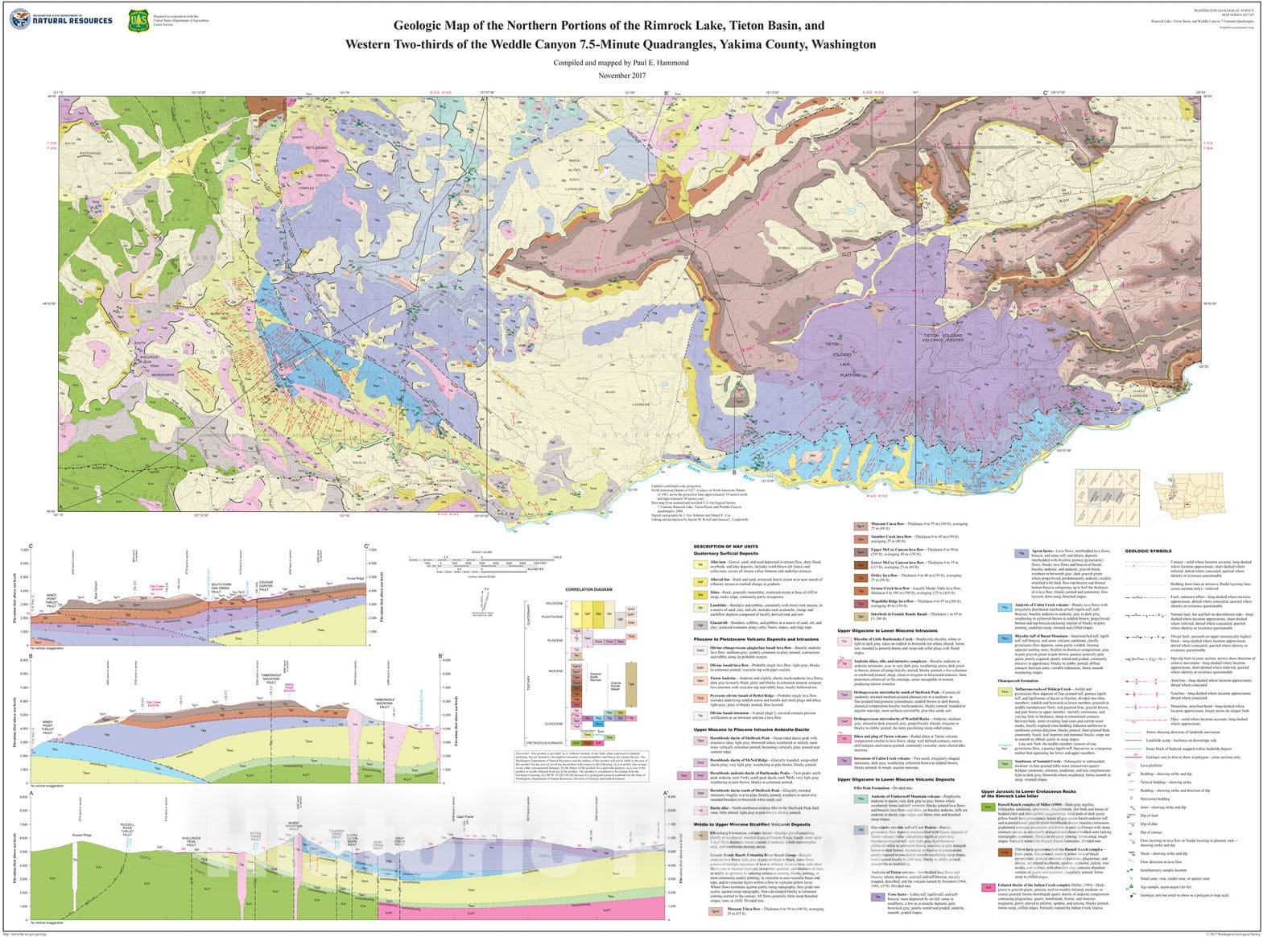 Map : Geologic map of the northern portions of the Rimrock Lake, Tieton Basin, and western two-thirds of the Weddle Canyon, 2017 Cartography Wall Art :