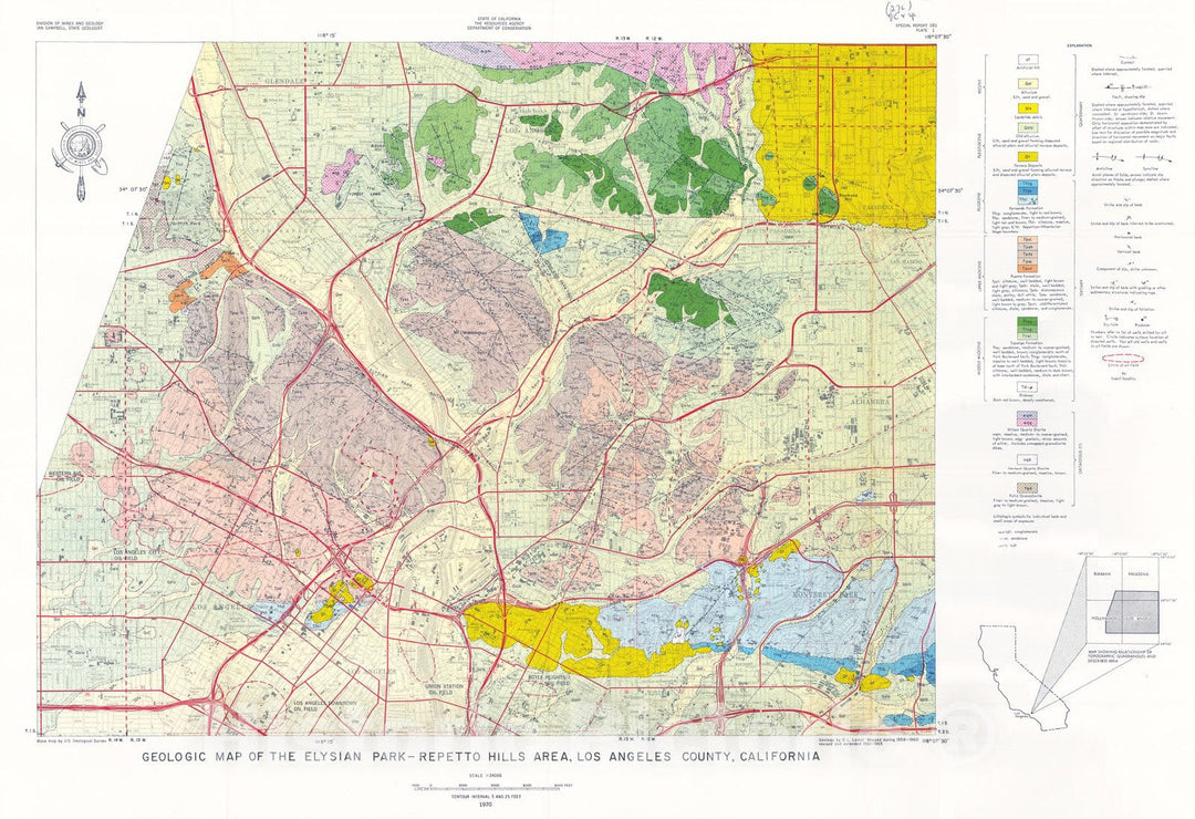 Map : Geology of the Elysian Park-Repetto Hills area, Los Angeles County, California, 1970 Cartography Wall Art :