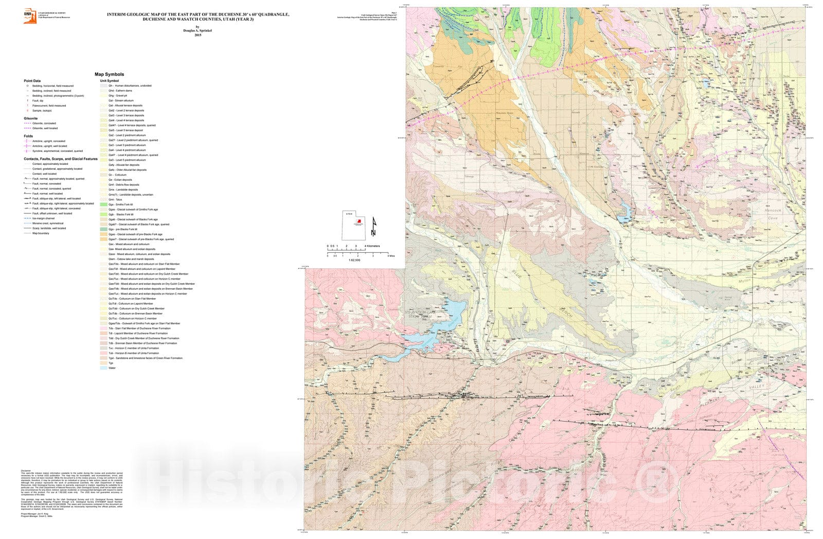 Map : Interim geologic map of the east part of the Duchesne 30' x 60' quadrangle, Duchesne and Wasatch Counties, Utah (Year 3), 2015 Cartography Wall Art :