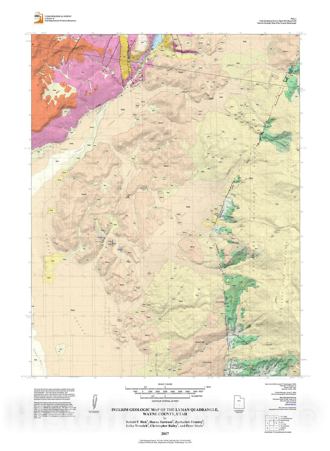 Map : Interim geologic map of the Lyman quadrangle, Wayne County, Utah, 2017 Cartography Wall Art :