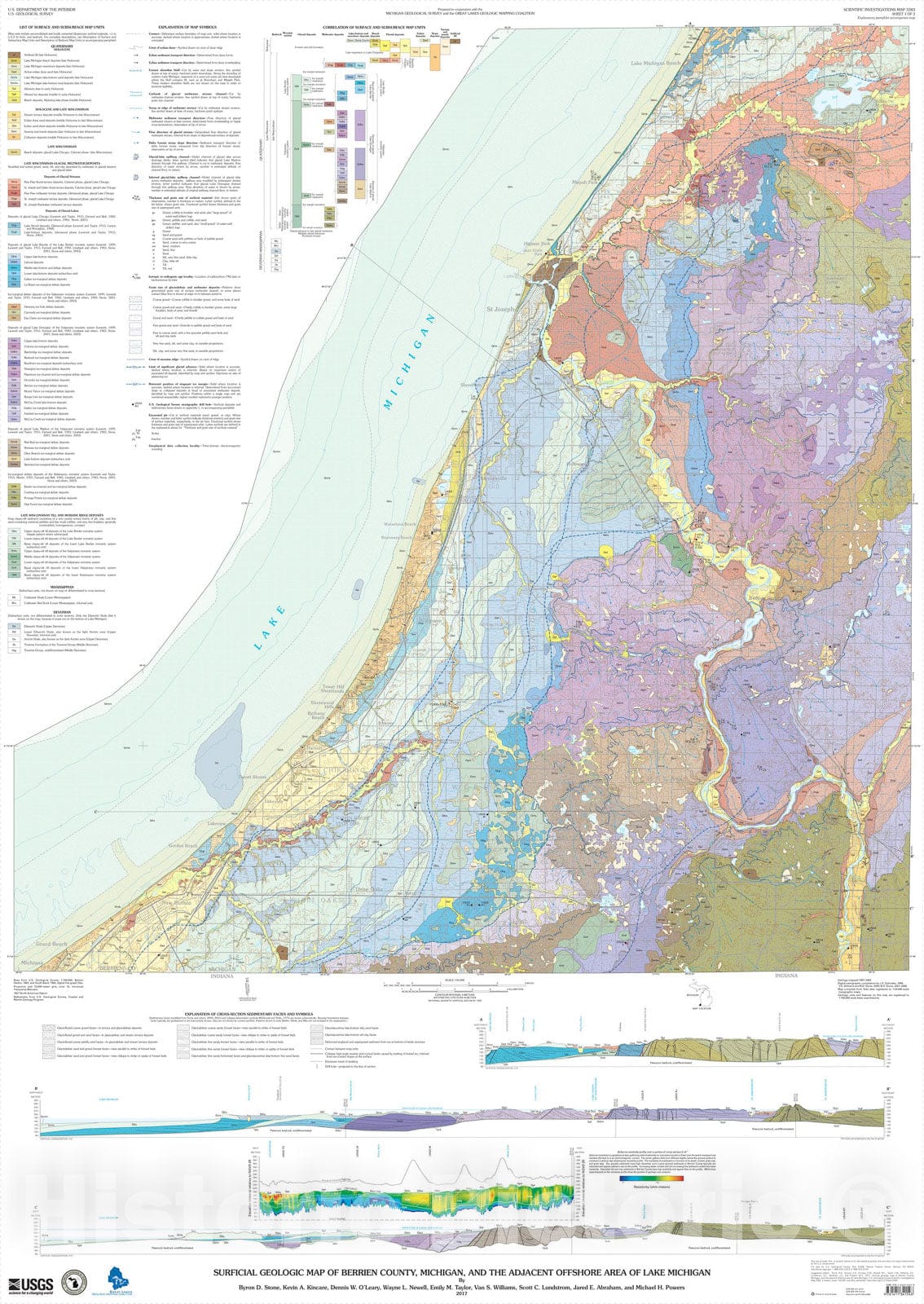 Map : Surficial geologic map of Berrien County, Michigan, and the adjacent offshore area of Lake Michigan, 2017 Cartography Wall Art :