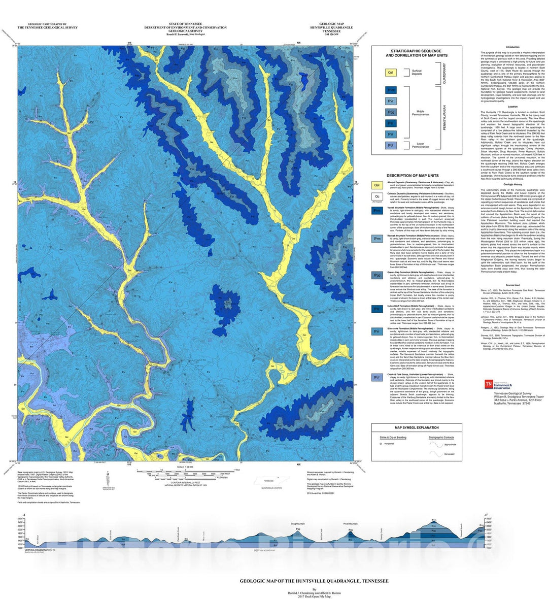 Map : Geologic map of the Huntsville quadrangle, Tennessee, 2017 Cartography Wall Art :