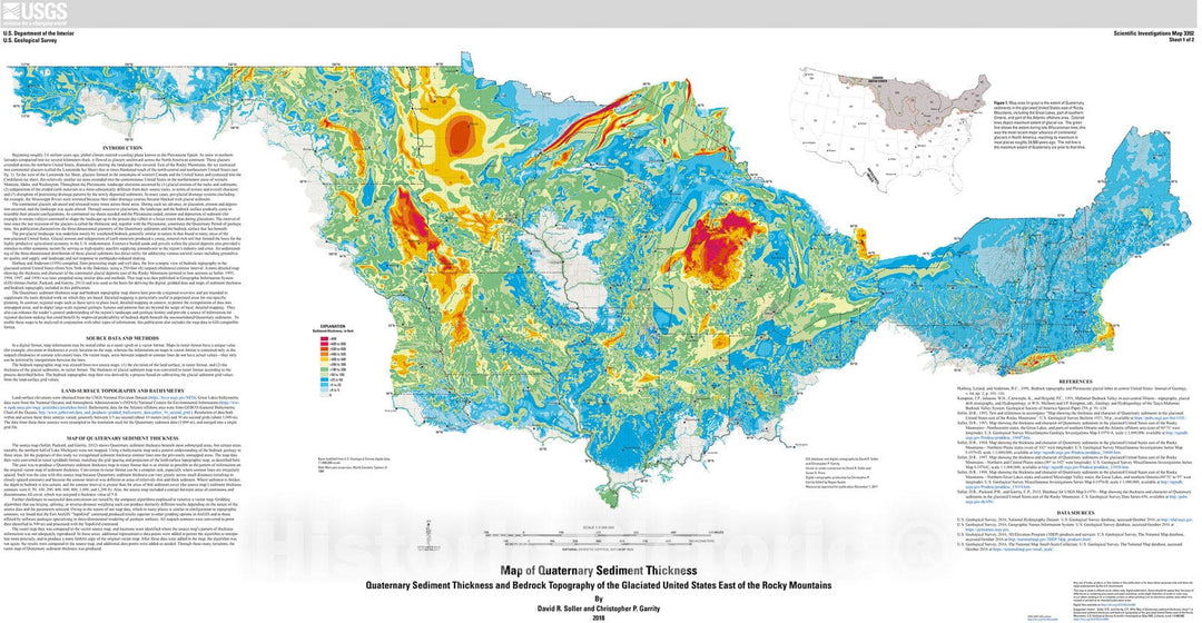 Map : Quaternary sediment thickness and bedrock topography of the glaciated United States east of the Rocky Mountains, 2018 Cartography Wall Art :