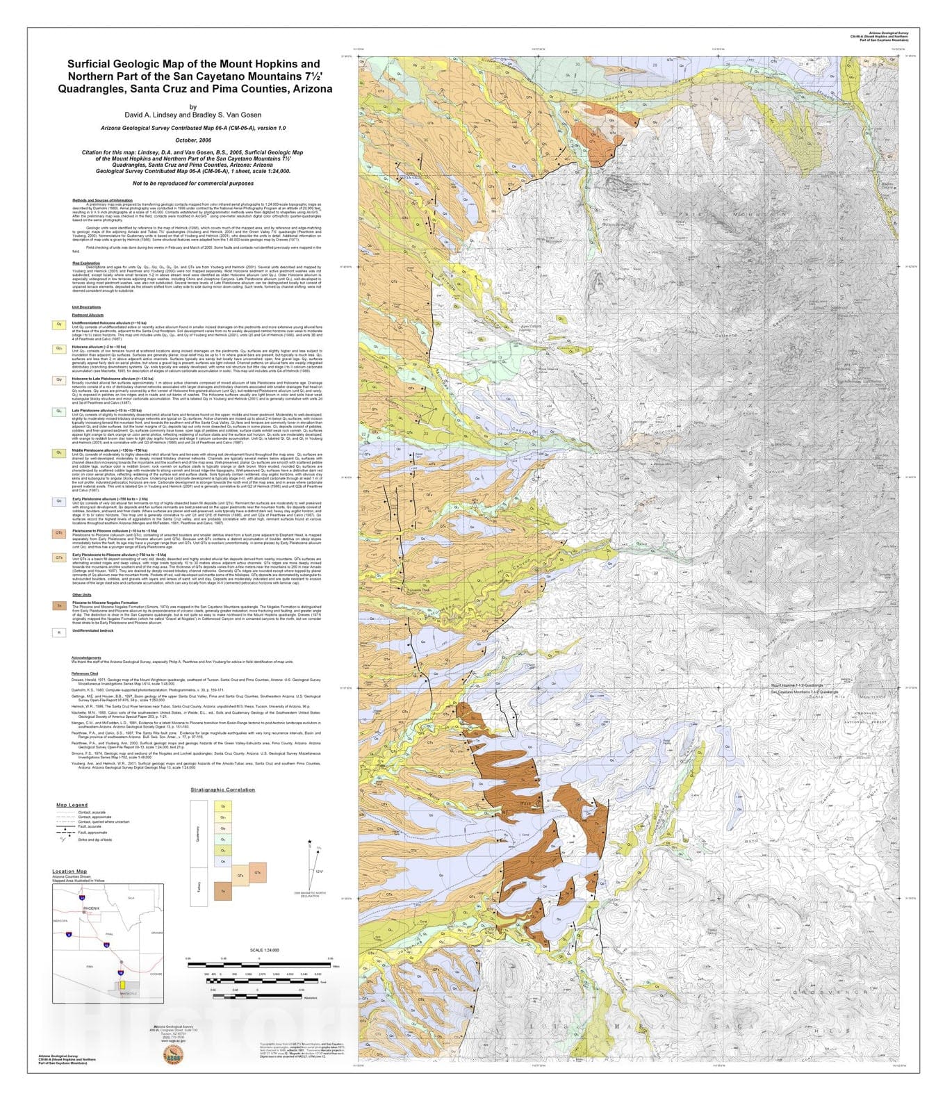 Map : Surficial geologic map of the Mount Hopkins and northern part of the San Cayetano Mountains 7.5Ã¢â‚¬â„¢ quadrangles, Santa Cruz and Pima Counties, Arizona, 2006 Cartography Wall Art :