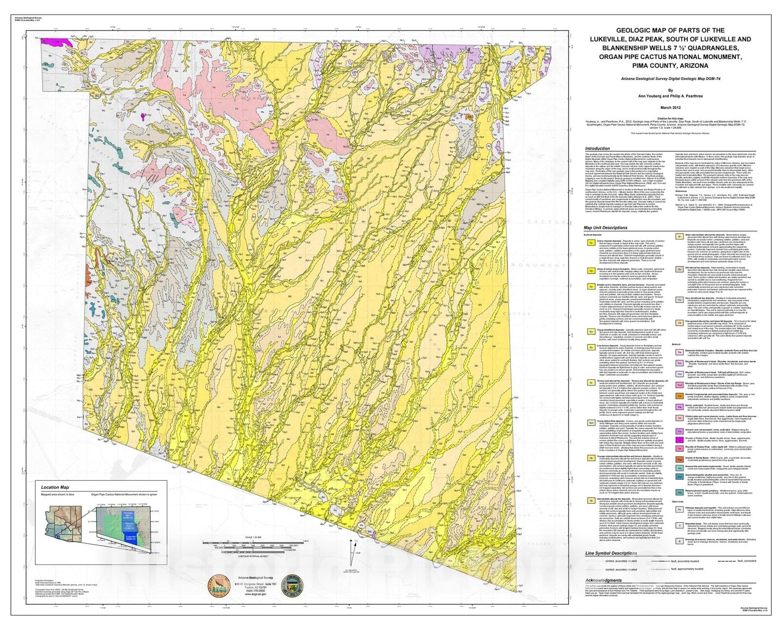 Map : Geologic map of parts of the Lukeville, Diaz Peak, South of Lukeville and Blankenship Wells seven 1/2' quadrangles, Organ Pipe Cactus, 2012 Cartography Wall Art :