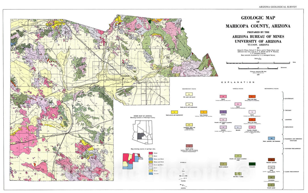 Map : Geologic map of Maricopa County, Arizona, 1957 Cartography Wall Art :