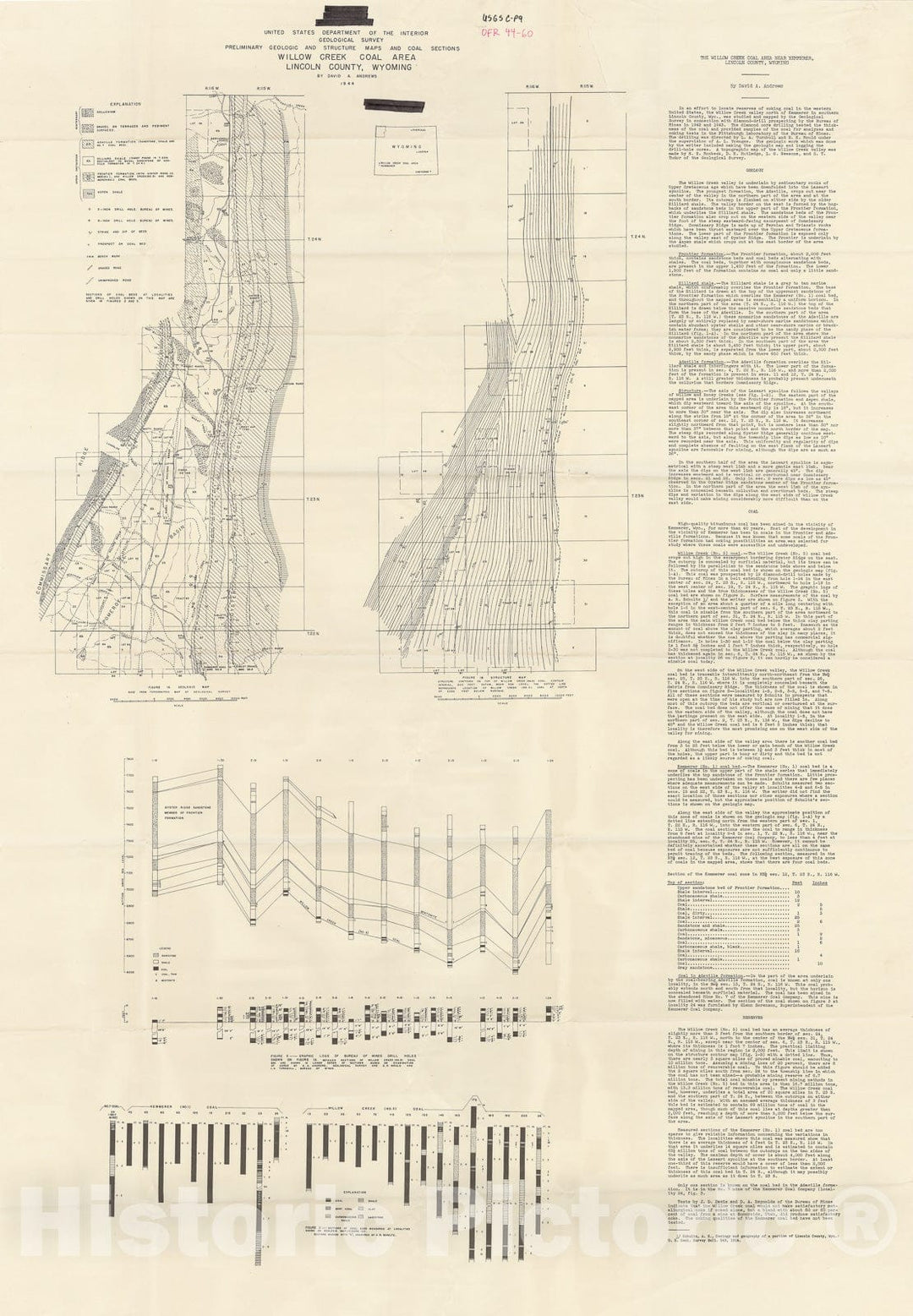 Map : Preliminary geologic and structure maps and coal sections, Willow Creek coal area, Lincoln County, Wyoming, 1944 Cartography Wall Art :