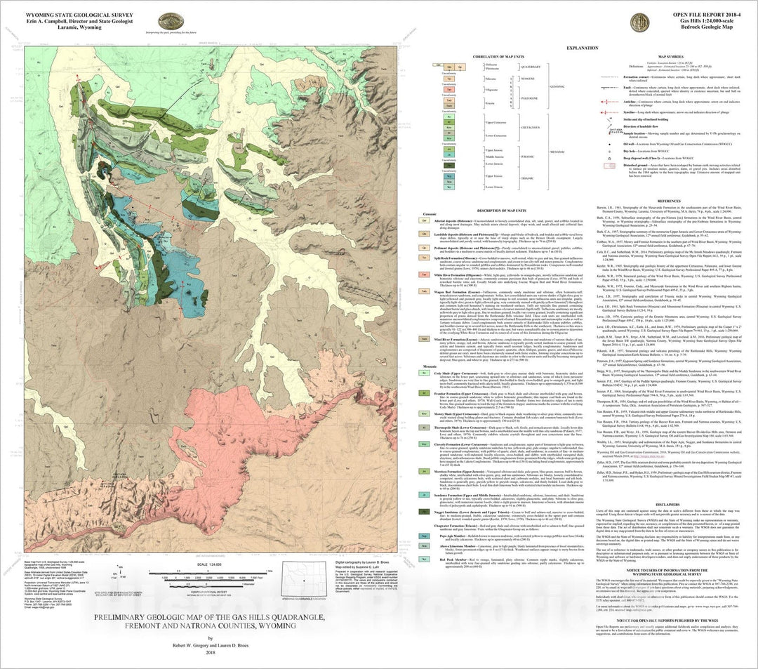 Map : Preliminary geologic map of the Gas Hills quadrangle, Fremont and Natrona counties, Wyoming, 2018 Cartography Wall Art :