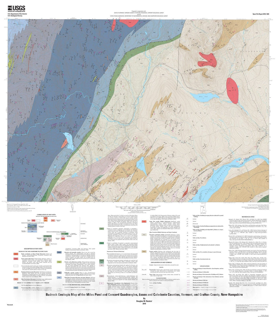 Map : Bedrock geologic map of the Miles Pond and Concord quadrangles, Essex and Caledonia Counties, Vermont, and Grafton County, New Hampshire, 2018 Cartography Wall Art :