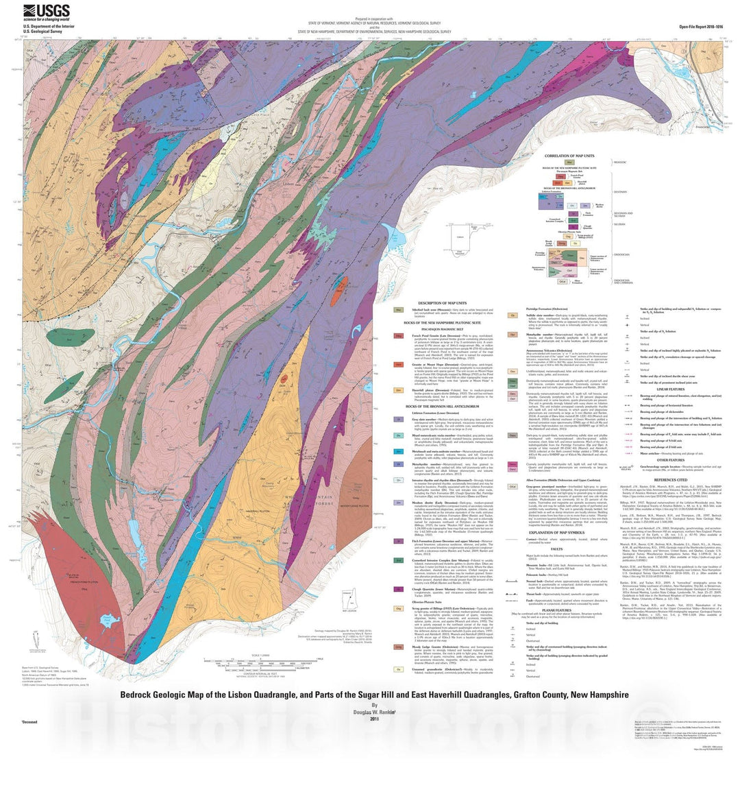 Map : Bedrock geologic map of the Lisbon quadrangle, and parts of the Sugar Hill and East Haverhill quadrangles, Grafton County, New Hampshire, 2018 Cartography Wall Art :