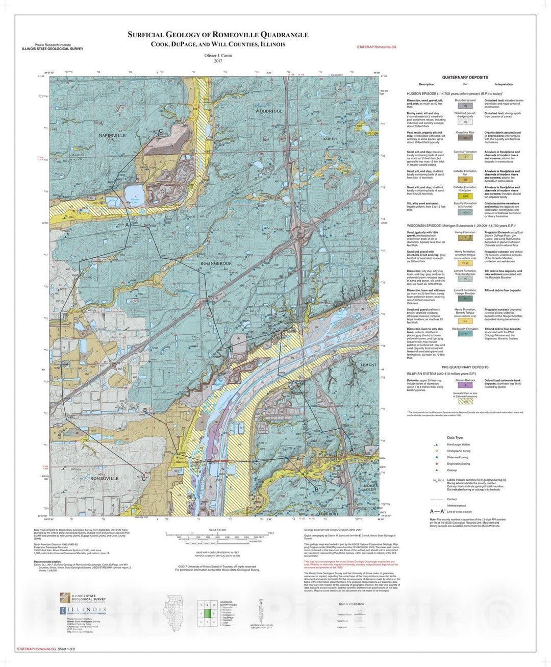 Map : Surficial geology of Romeoville Quadrangle, Cook, DuPage, and Will Counties, Illinois, 2017 Cartography Wall Art :