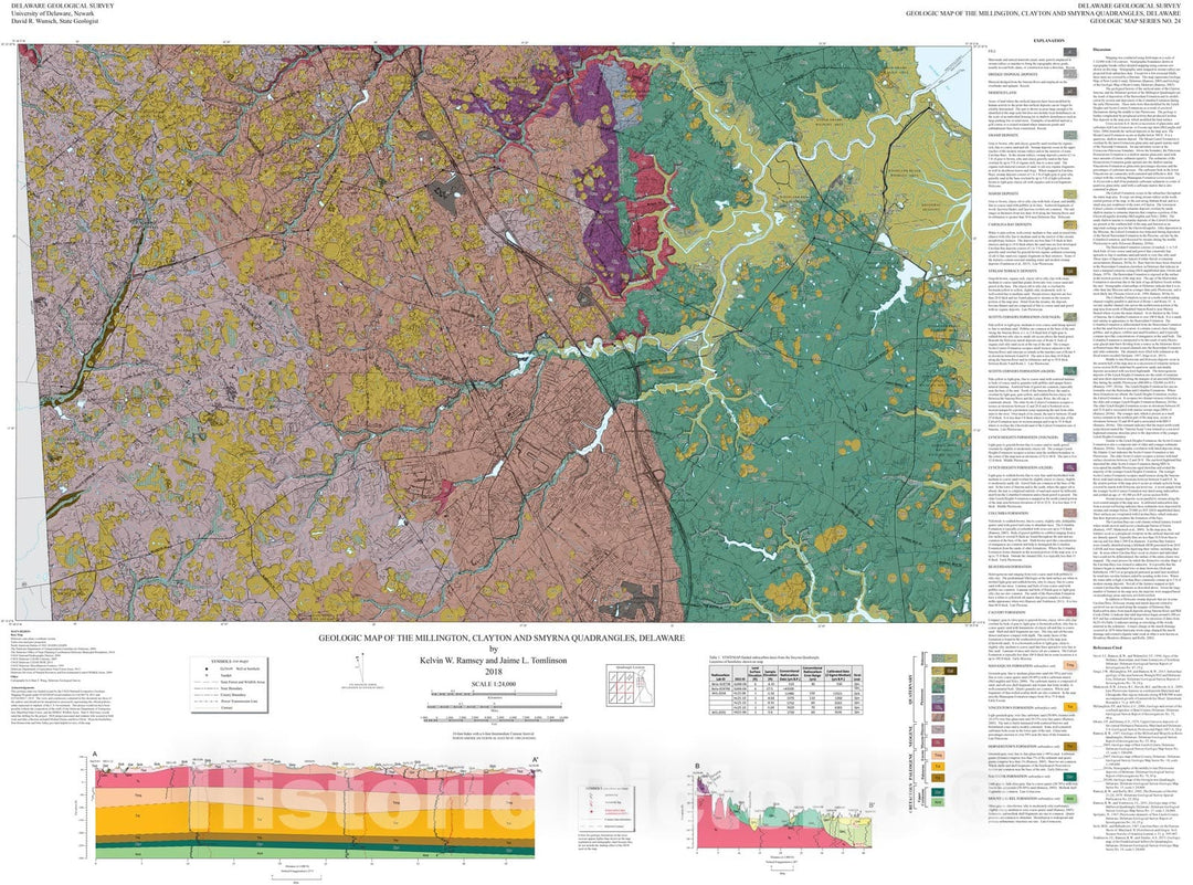 Map : Geologic map of the Millington, Clayton and Smyrna quadrangles, Delaware, 2018 Cartography Wall Art :