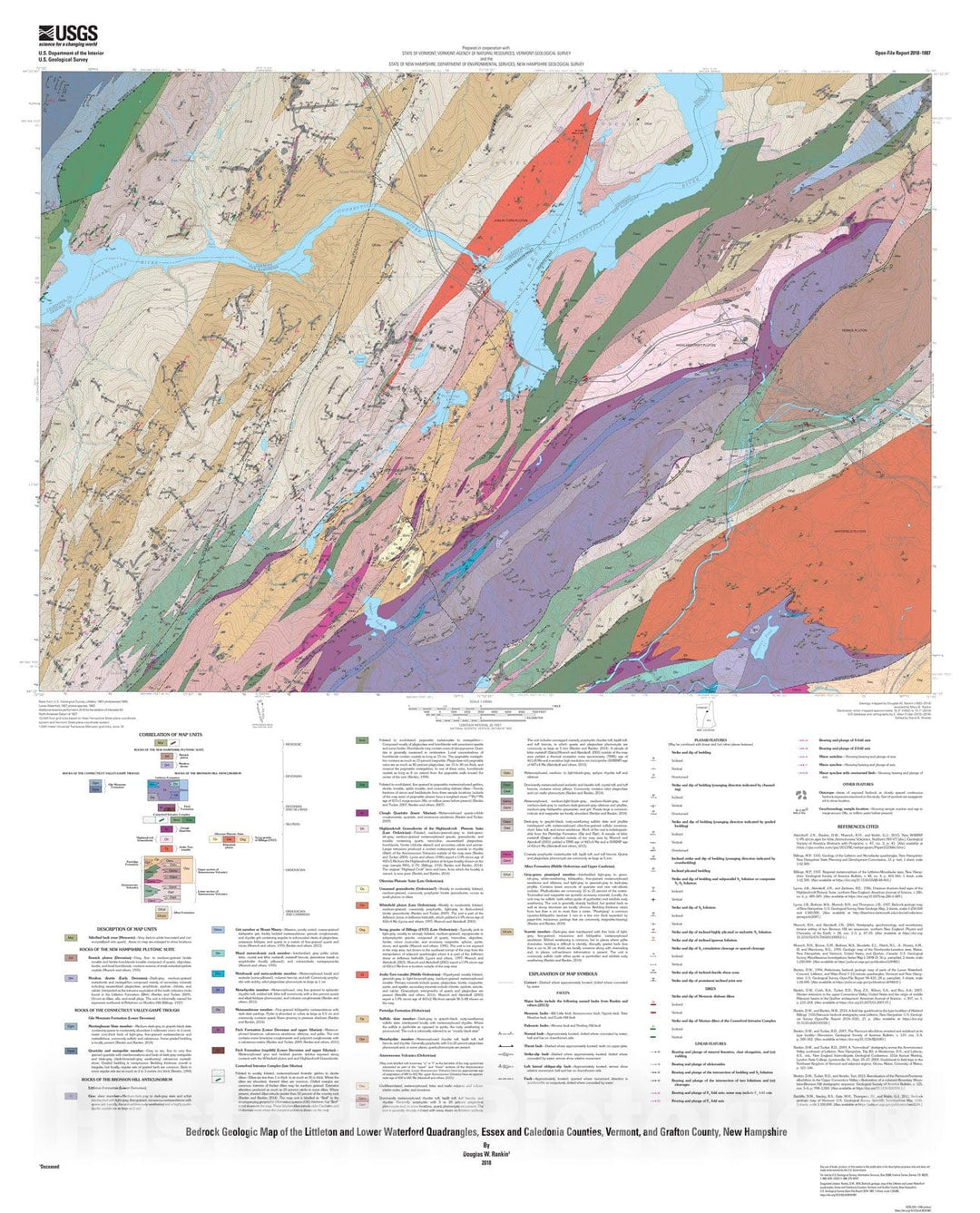 Map : Bedrock geologic map of the Littleton and Lower Waterford quadrangles, Essex and Caledonia Counties, Vermont, and Grafton County, New Hampshire, 2018 Cartography Wall Art :