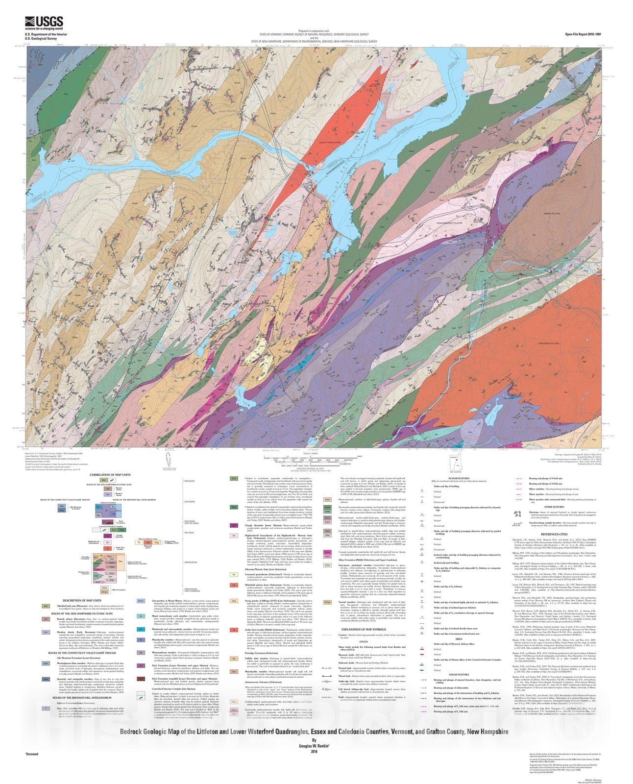 Map : Bedrock geologic map of the Littleton and Lower Waterford quadrangles, Essex and Caledonia Counties, Vermont, and Grafton County, New Hampshire, 2018 Cartography Wall Art :