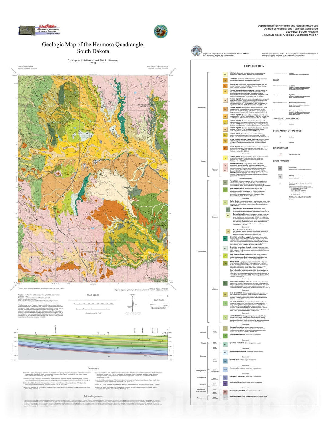 Map : Geologic map of the Hermosa quadrangle, South Dakota, 2013 Cartography Wall Art :