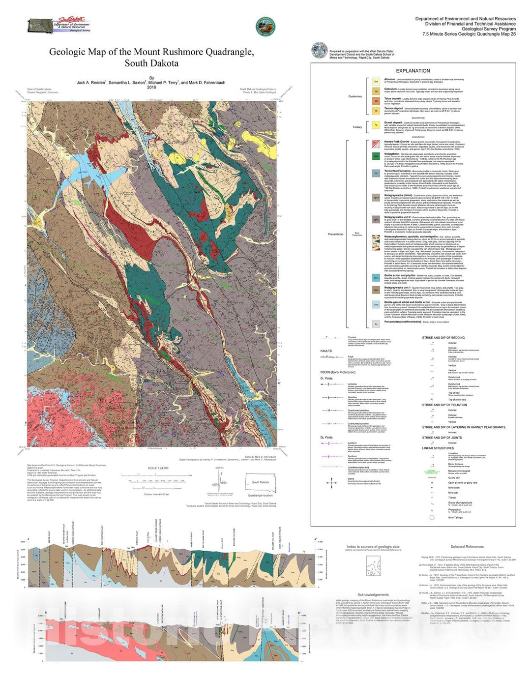 Map : Geologic map of the Mount Rushmore quadrangle, South Dakota, 2016 Cartography Wall Art :