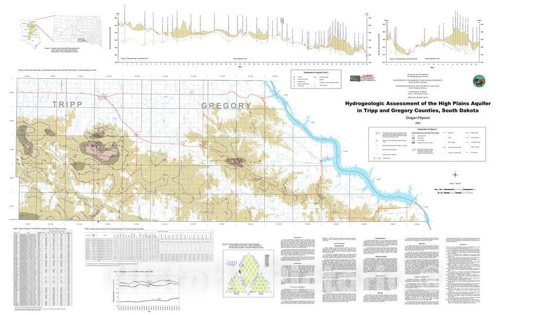 Map : Hydrogeologic assessment of the High Plains aquifer in Tripp and Gregory Counties, South Dakota, 2004 Cartography Wall Art :