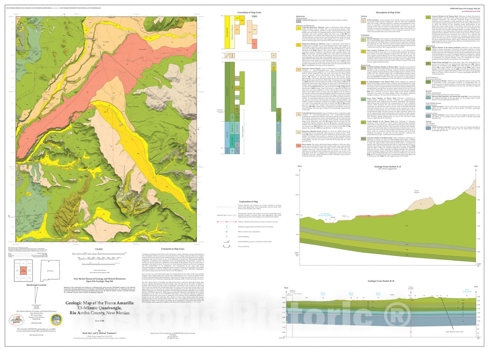 Map : Geologic Map of the Tierra Amarilla 7.5-Minute Quadrangle, Rio Arriba County, New Mexico, 2018 Cartography Wall Art :