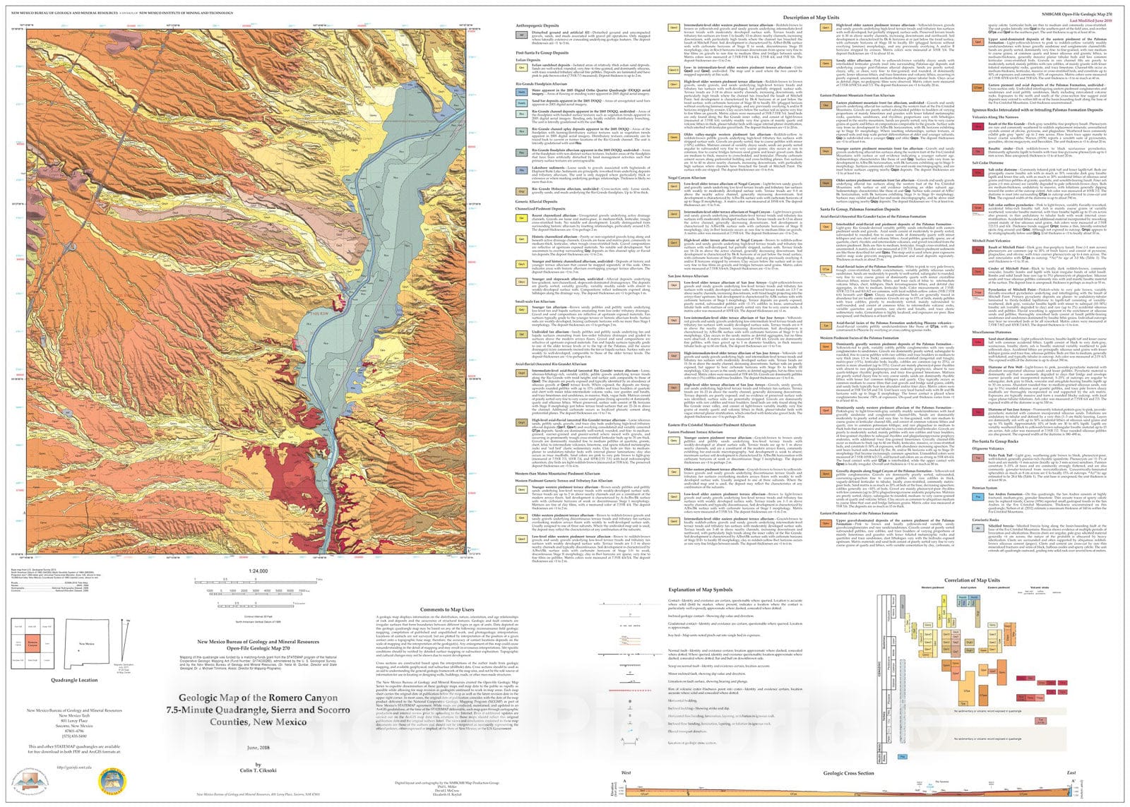 Map : Geologic Map of the Romero Canyon 7.5-Minute Quadrangle, Sierra and Socorro Counties, New Mexico, 2018 Cartography Wall Art :