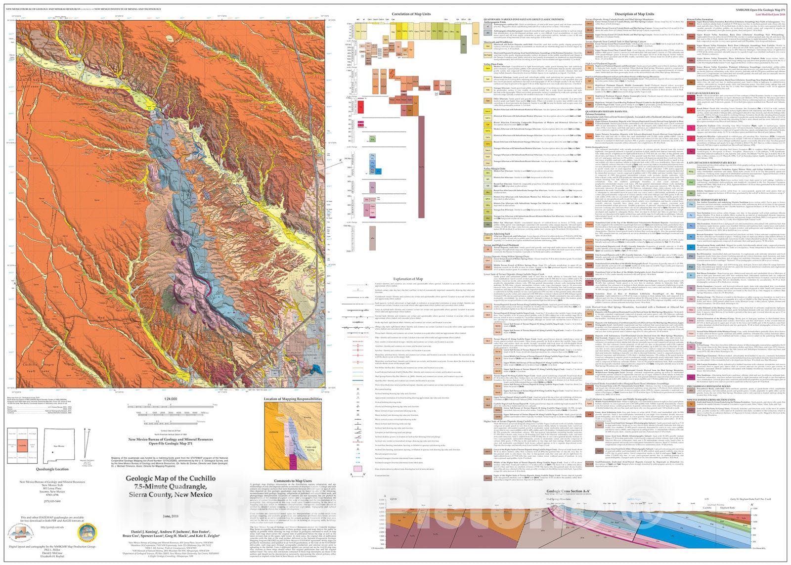 Map : Geologic Map of the Cuchillo 7.5-Minute Quadrangle, Sierra County, New Mexico, 2018 Cartography Wall Art :