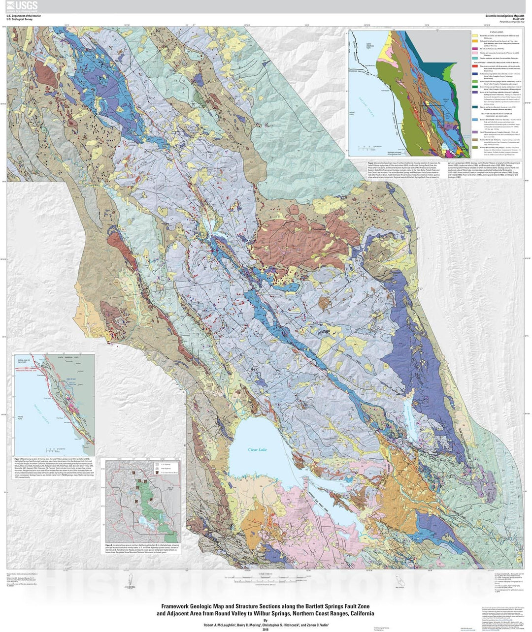 Map : Framework geologic map and structure sections along the Bartlett Springs fault zone and adjacent area from Round Valley to Wilbur, 2018 Cartography Wall Art :