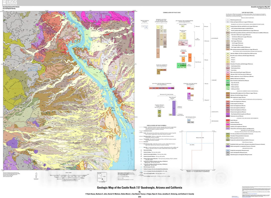 Map : Geologic map of the Castle Rock 7.5' quadrangle, Arizona and California, 2018 Cartography Wall Art :