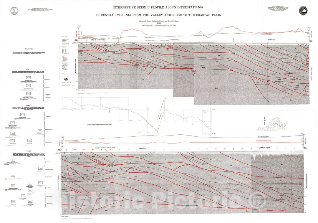 Map : Interpretive seismic profile along Interstate I-64 in central Virginia from the Valley and Ridge to the Coastal Plain, 1986 Cartography Wall Art :