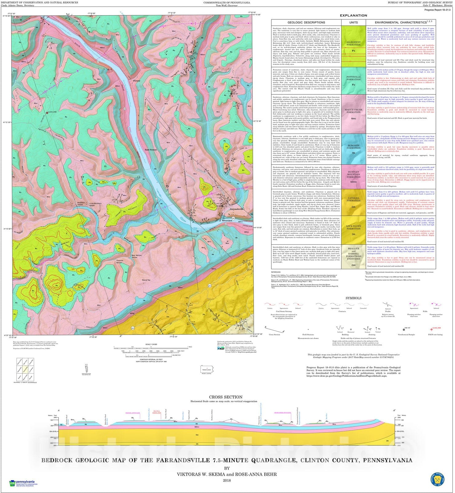 Map : Bedrock geologic map of the Farrandsville 7.5-minute quadrangle, Clinton County, Pennsylvania, 2018 Cartography Wall Art :