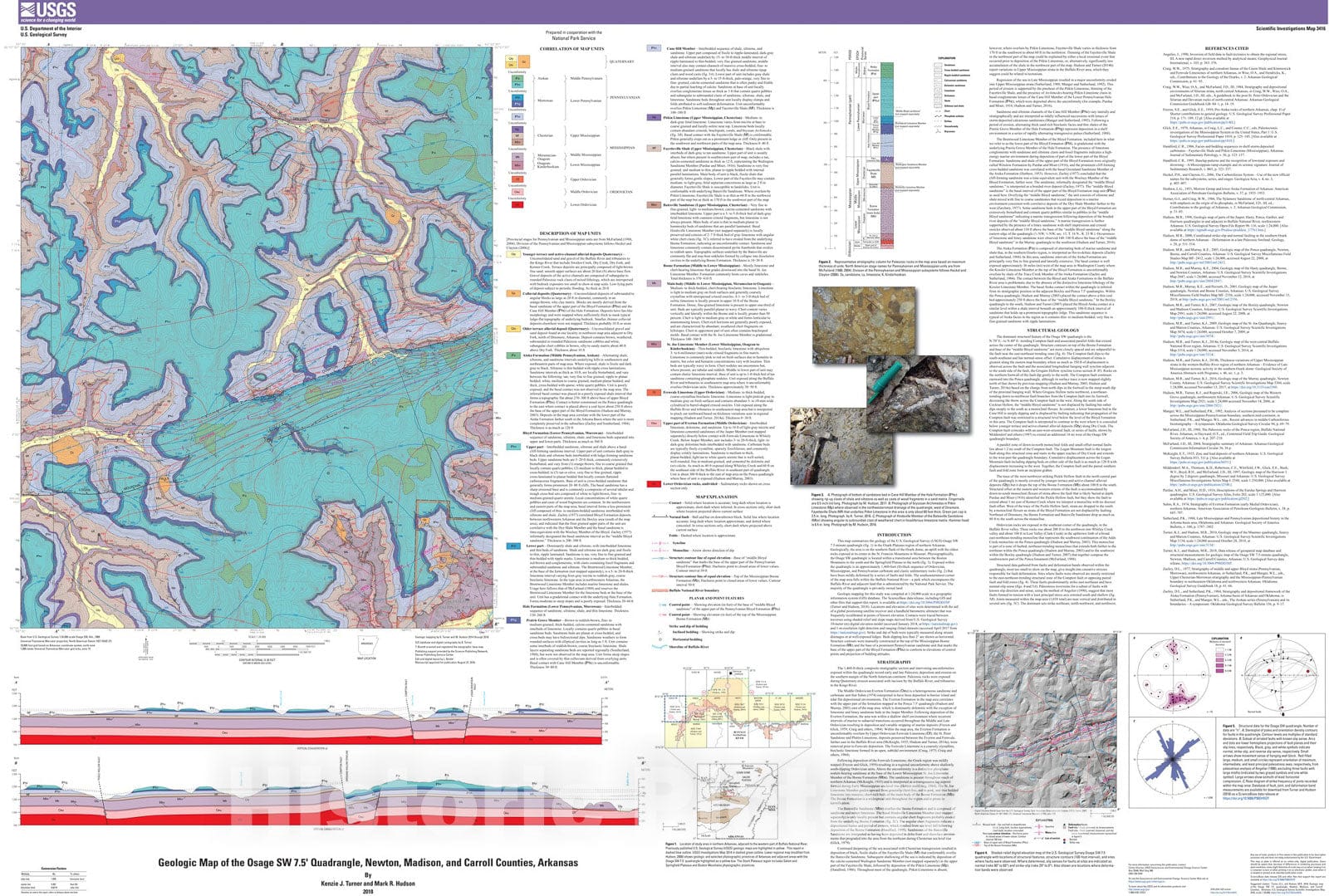 Map : Geologic map of the Osage SW 7.5' quadrangle, Newton, Madison, and Carroll Counties, Arkansas, 2018 Cartography Wall Art :