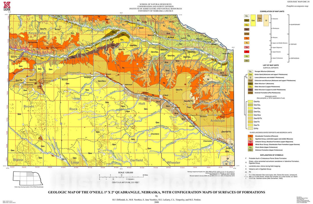 Map : Geologic map of the O'Neill one x two quadrangle, Nebraska, with configuration maps of surfaces of formations (with accompanying pamphlet), two008 Cartography Wall Art :