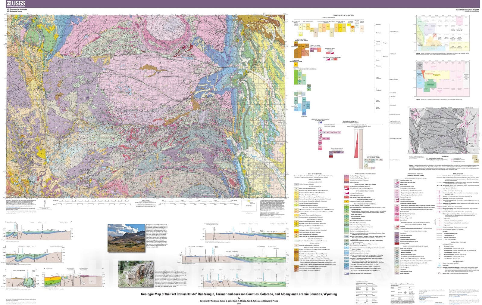 Map : Geologic map of the Fort Collins 30'Ãƒâ€”60' quadrangle, Larimer and Jackson Counties, Colorado, and Albany and Laramie Counties, Wyoming, 2018 Cartography Wall Art :