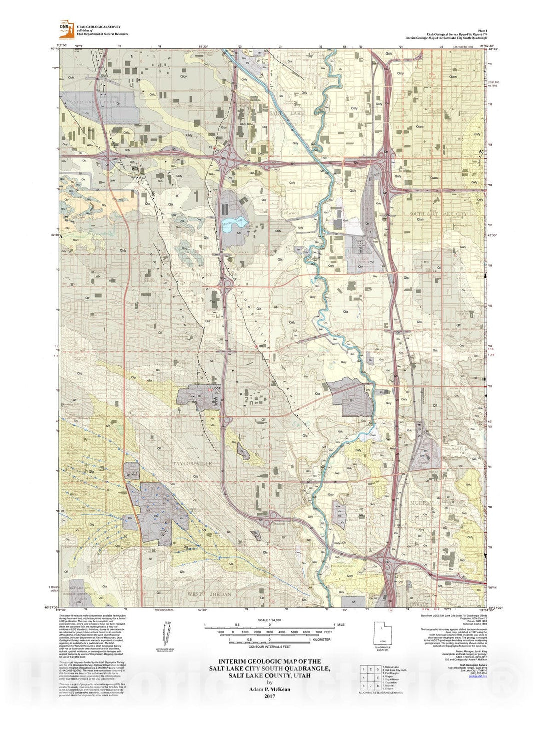 Map : Interim geologic map of the Salt Lake City South quadrangle, Salt Lake County, Utah, 2017 Cartography Wall Art :