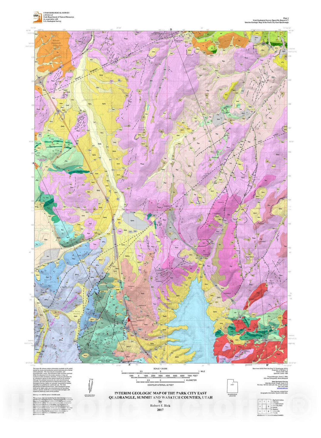 Map : Interim geologic map of the Park City East quadrangle, Summit and Wasatch Counties, Utah, 2017 Cartography Wall Art :