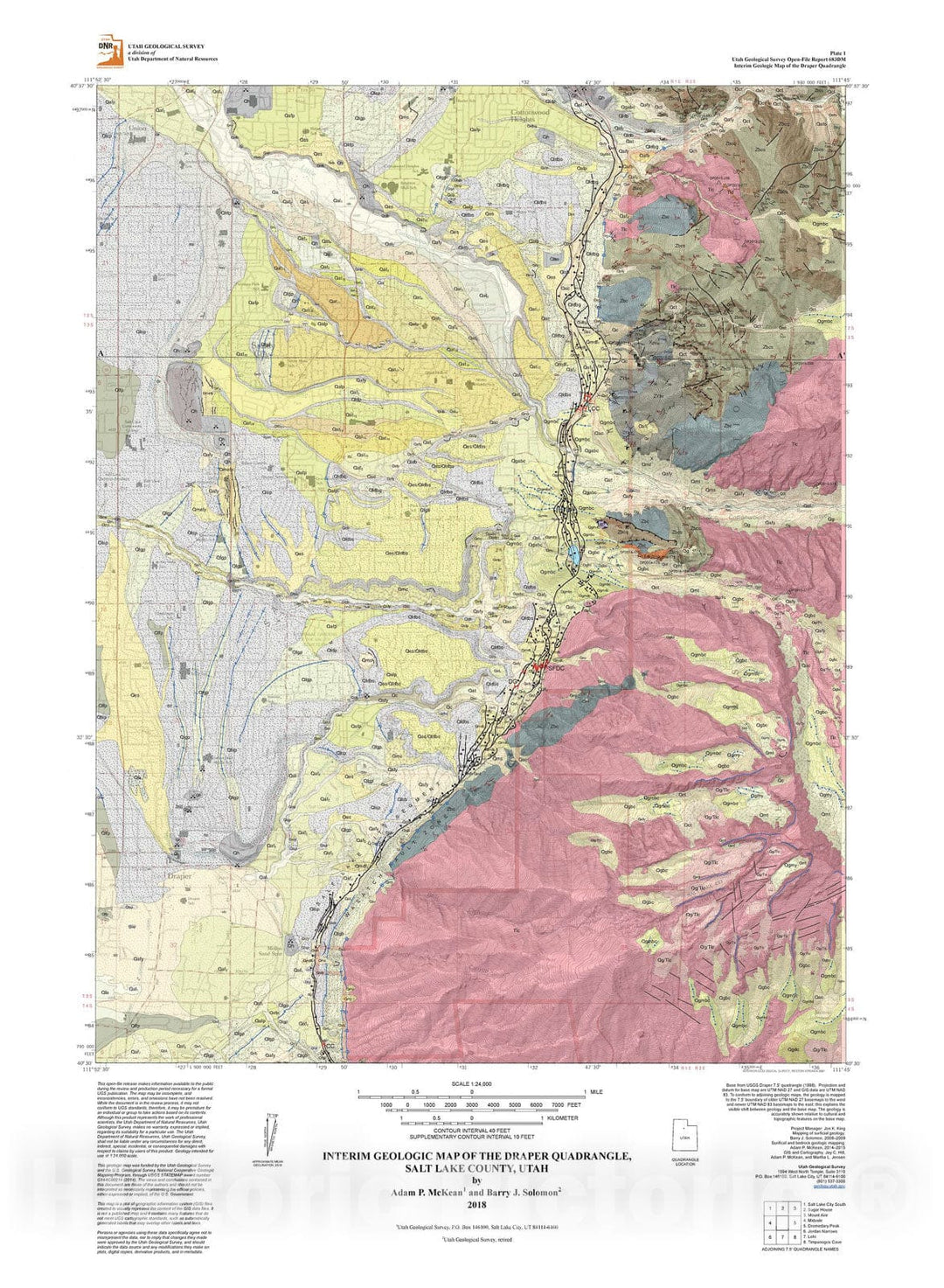 Map : Interim geologic map of the Draper quadrangle, Salt Lake and Utah Counties, Utah, 2018 Cartography Wall Art :