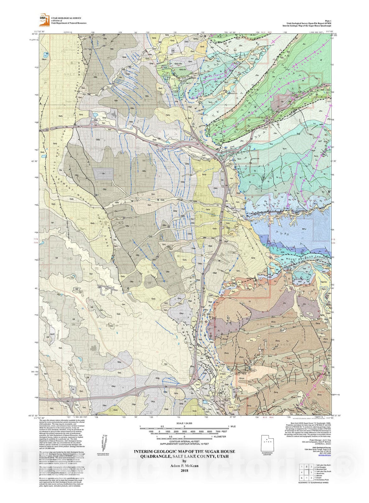 Map : Interim geologic map of the Sugar House quadrangle, Salt Lake County, Utah, 2018 Cartography Wall Art :