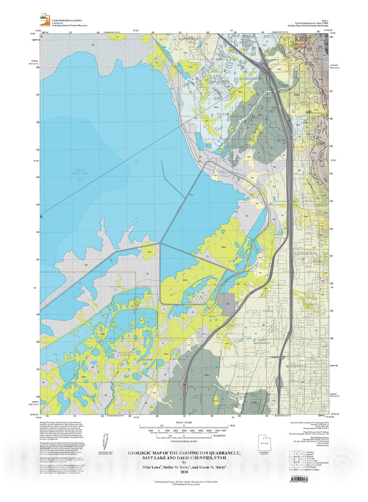 Map : Geologic map of the Farmington quadrangle, Salt Lake and Davis Counties, Utah, 2018 Cartography Wall Art :