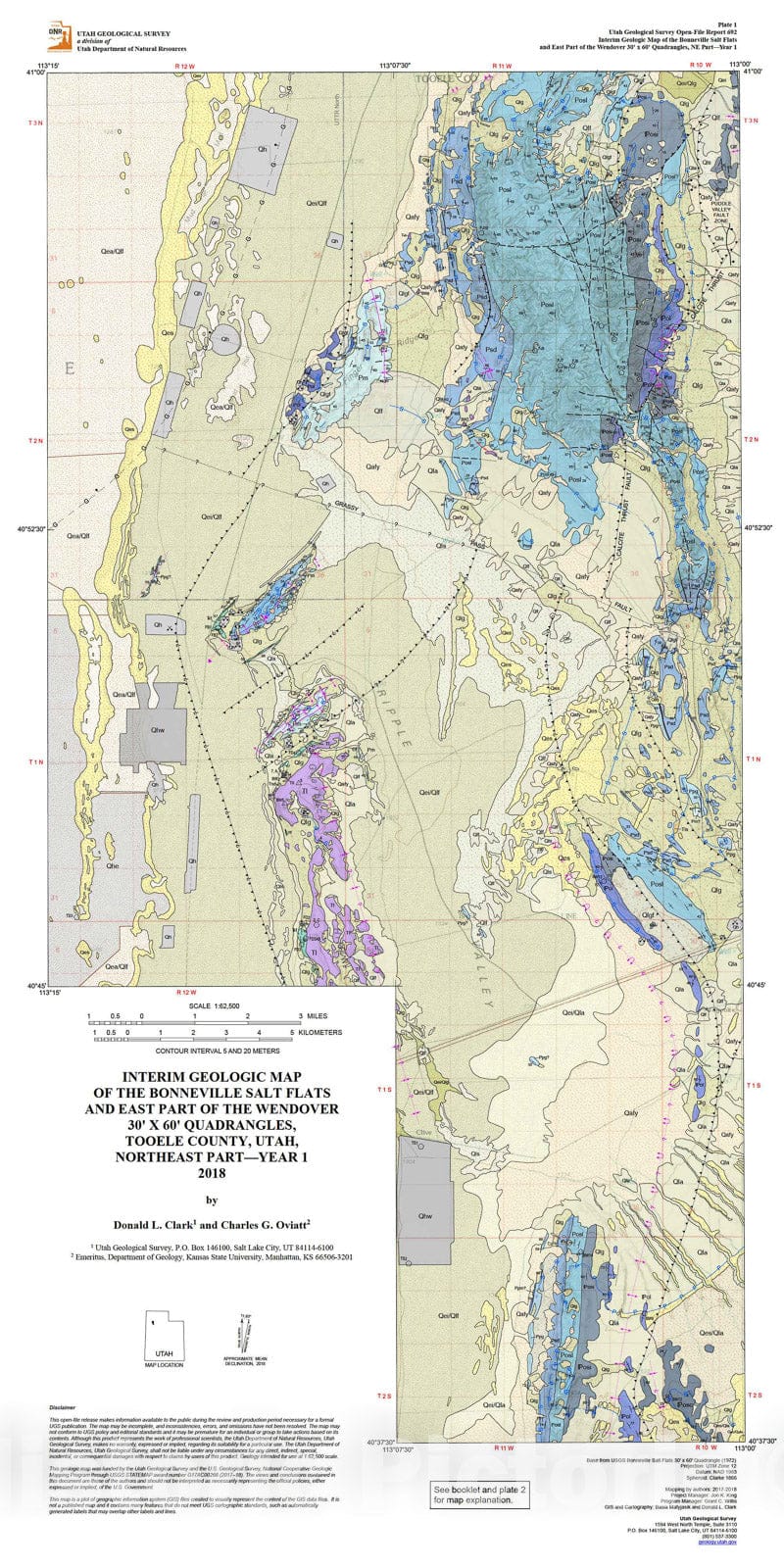 Map : Interim geologic map of the Bonneville Salt Flat and east part of the Wendover 30' x 60' quadrangles, 2018 Cartography Wall Art :