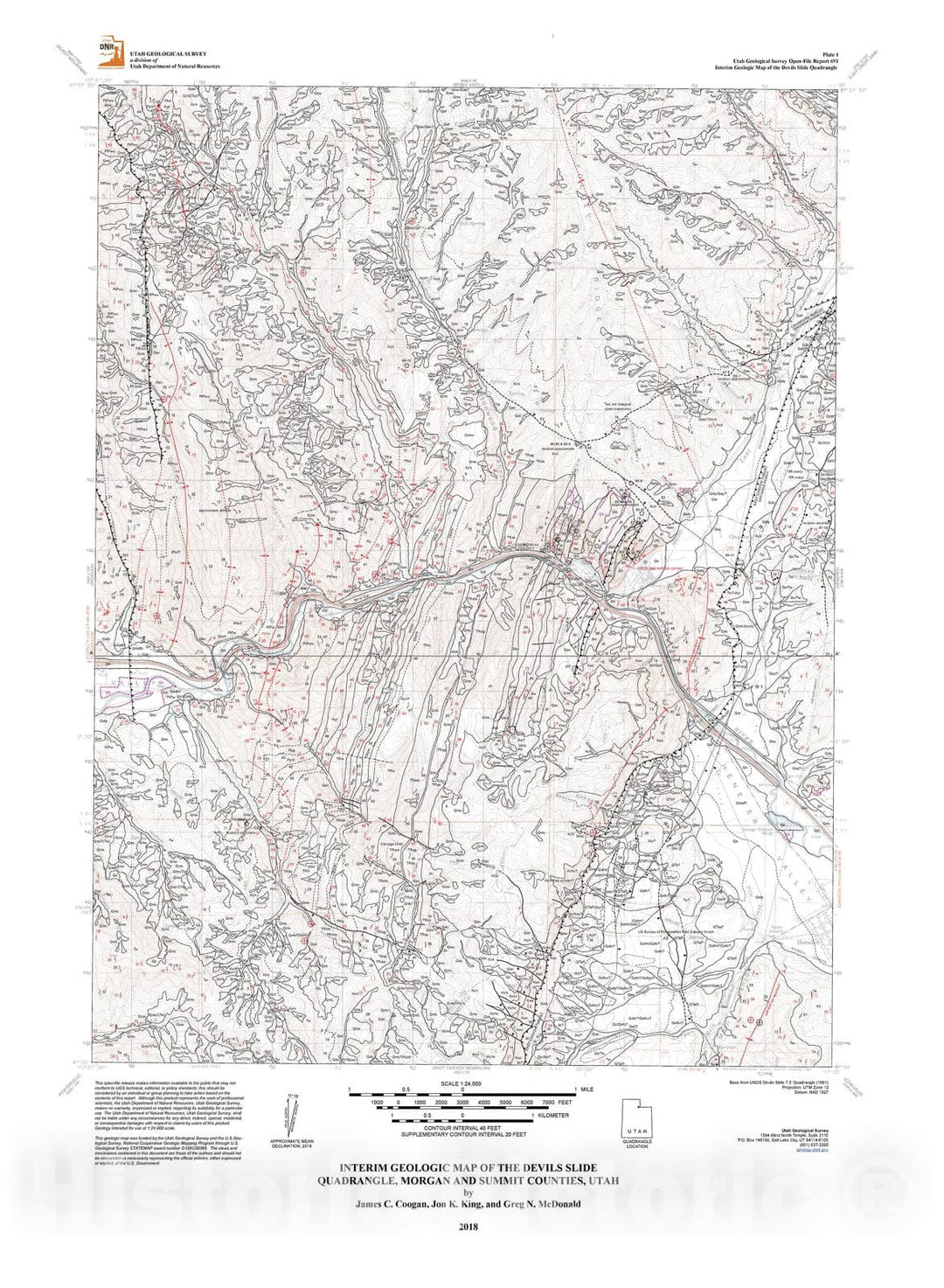 Map : Interim geologic map of the Devils Slide quadrangle, Morgan and Summit Counties, Utah, 2018 Cartography Wall Art :