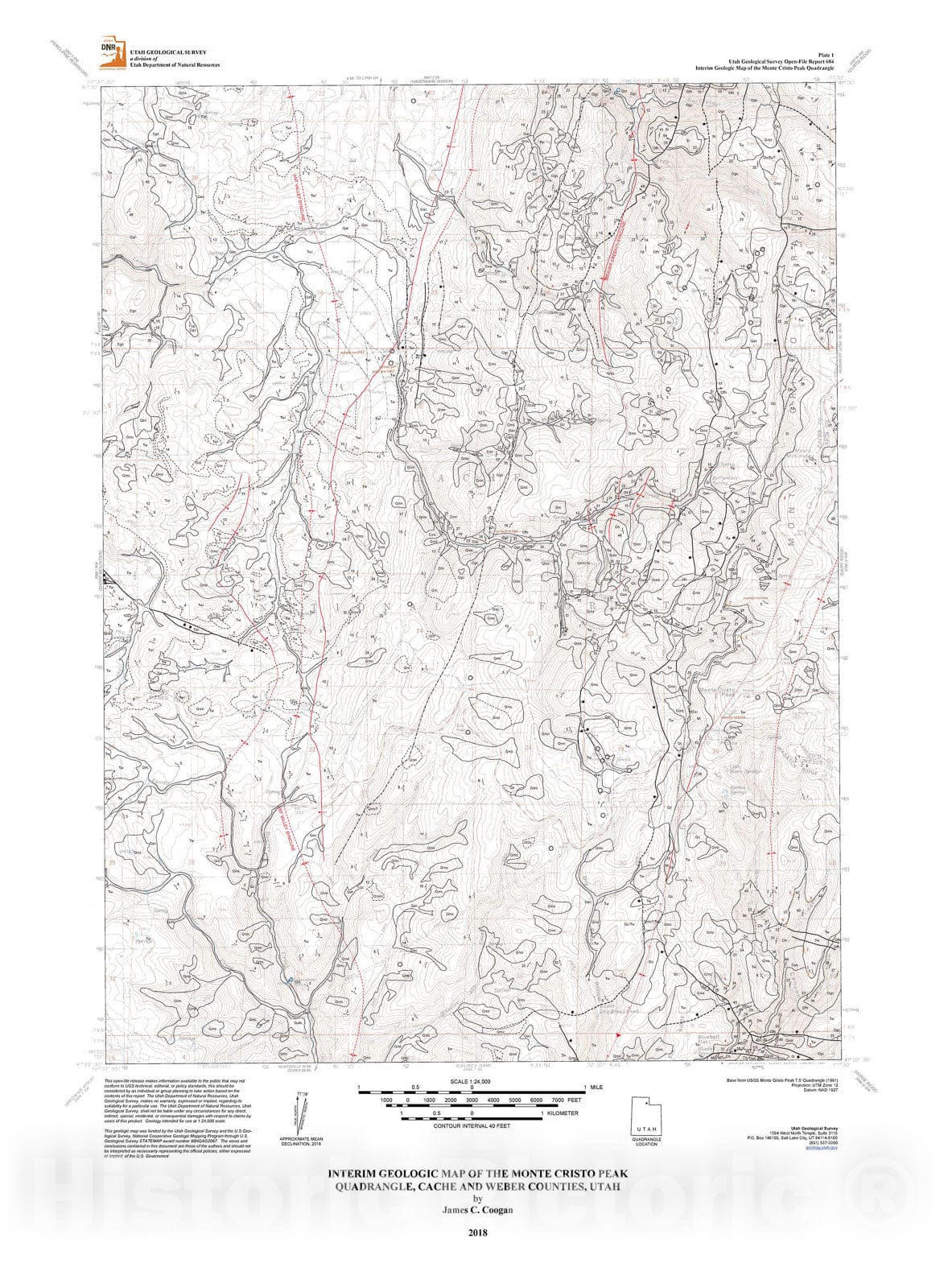 Map : Interim geologic map of the Monte Cristo Peak quadrangle, Cache and Weber Counties, Utah, 2018 Cartography Wall Art :